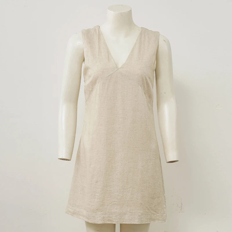 Casual Linen Sleeveless Dress Elegant Women's Sexy V-Neck Chic Casual Cotton And Linen Dresses New Summer Clothes Vestidos