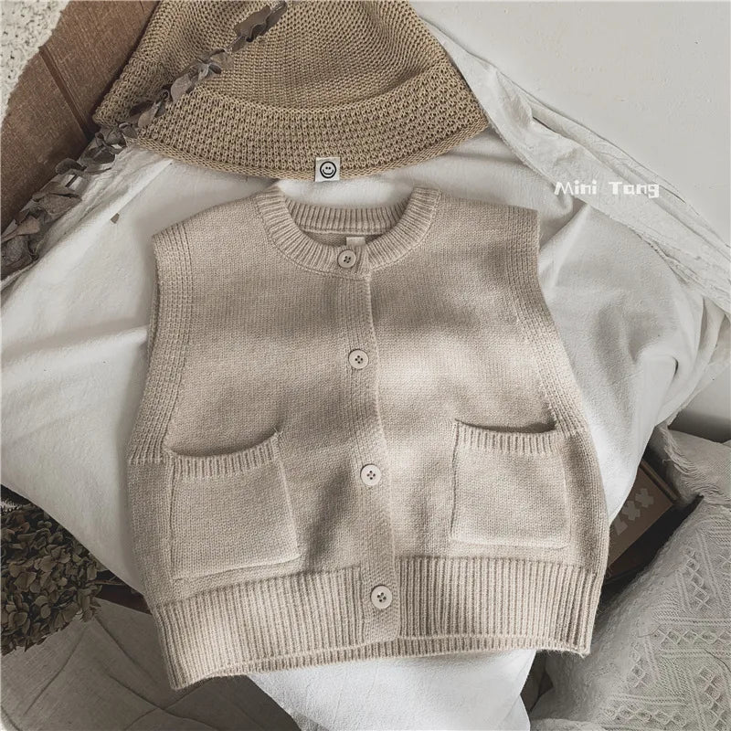 Simple Solid Vest Boys Casual Solid Sleeveless Jacket Children Knitwear Shirt Girls Cotton O-neck Cardigan Baby Spring Clothes