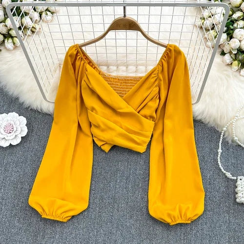 Chic Puff Long Sleeve Criss-cross Slim Blouse Korean Fashion Pleated Crop Top Sexy Shirt Hotsweet Spring Autumn Women Clothes