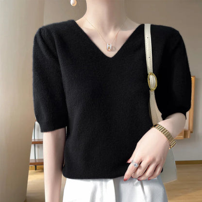 2022Spring Sweater 100%Wool Short Sleeve Women New T-Shirt Double V-Neck Pullovers Thin Vest Loose Cashmere Knit Tops Base Shirt