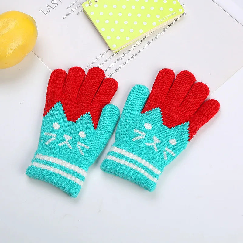 Winter Knitted Children's Gloves 4-10 Years Warm Soft Wool Cartoon Cat Kids Gloves Unisex Boys Girls Full Finger Mittens