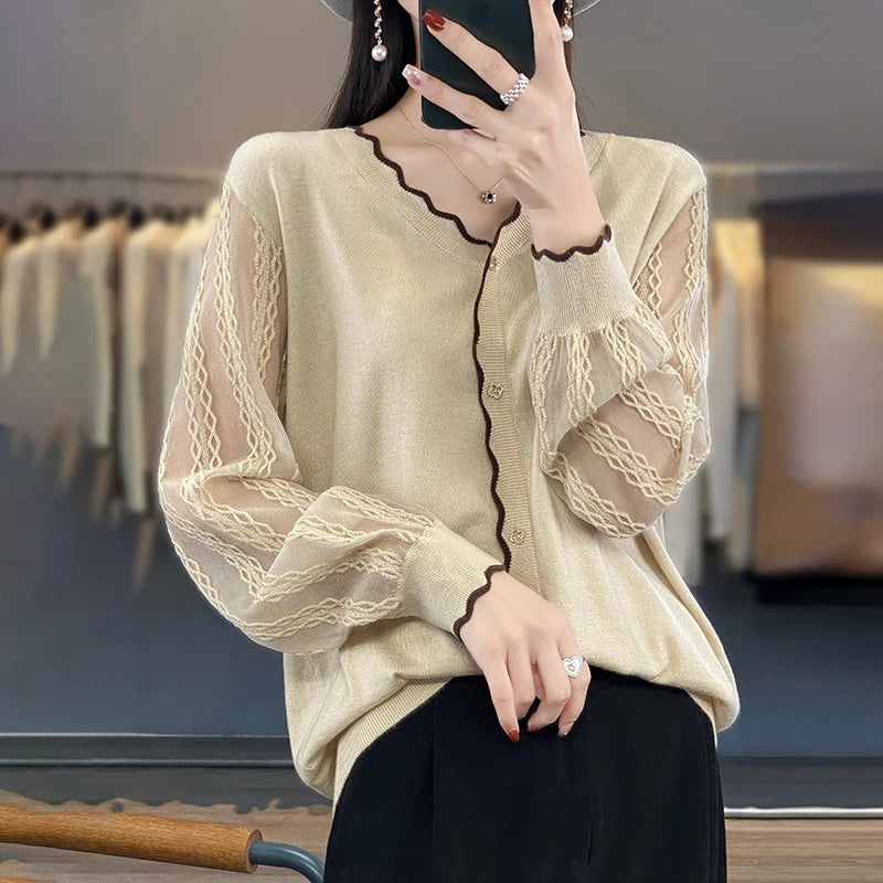 Spring Summer Women 100% Soft Wool Organdy Sweater V-neck Lantern Sleeve Lace Hollow Out Pullover Casual Knit Bottoming Tops