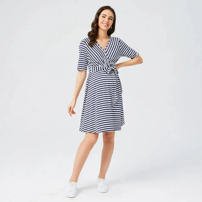 Women's Striped Maternity Shirt Dress, High-waisted Maternity Dress, V-neck, Stylish, Suitable for Breastfeeding, Summer