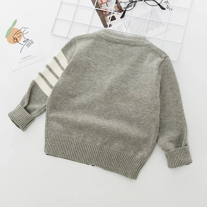 Children's Korean sweater boys Spring Autumn striped pure cotton cardigan coat girls long sleeved V-neck knitted sweater1-7Y