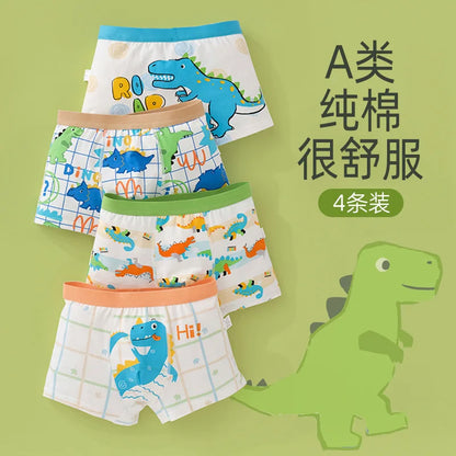 4PCS Boy Cotton Soft Antibacterial Panties Kid Cartoon Dinosaur Print Knickers Thin Breathable Briefs 3+y Young Child Underwears