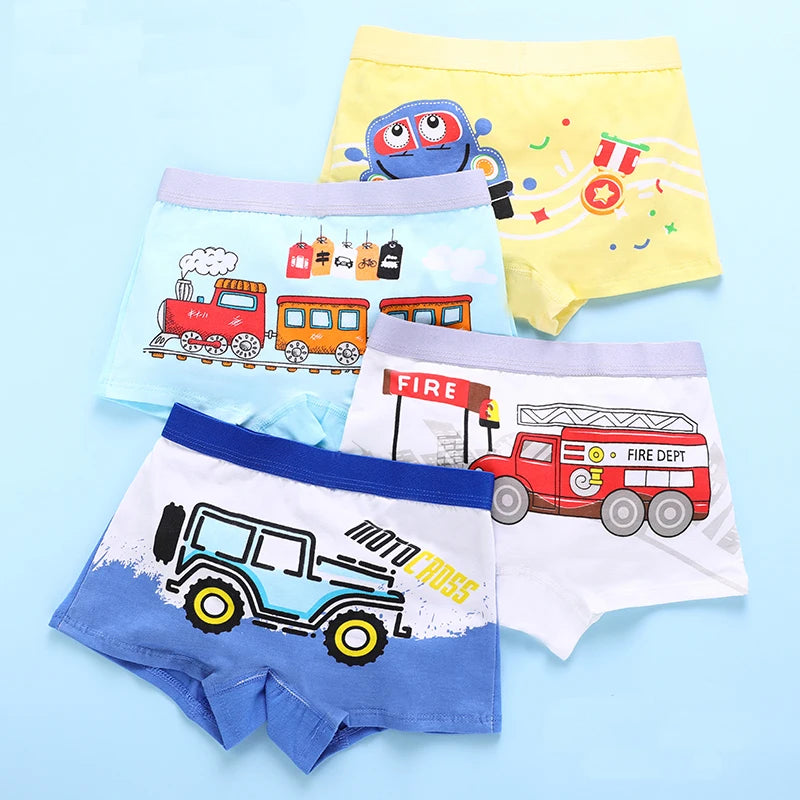 Children's Underwear for Kids Boy Cute Panties Cartoon Print Underpants Train Boxers Toddler Car Print Comfortable Shorts 4pcs