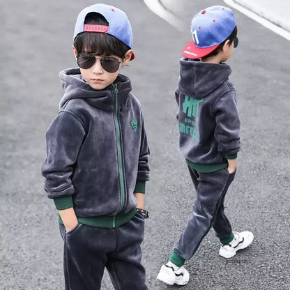 Children Clothing Set Double-sided Velvet Fashion Letter Hooded 2PCS Hoodies Coat +Pants Kids Boys Tracksuit for Autumn Winter