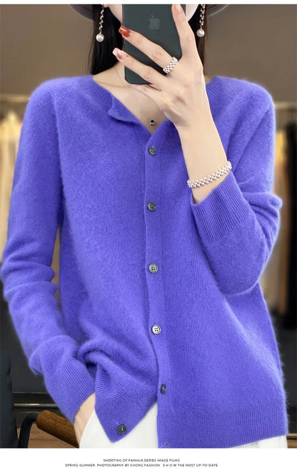 2024Spring and Autumn  New 100% pure merino cashmere sweater women's O-neck cardigan loose long-sleeved sweater top