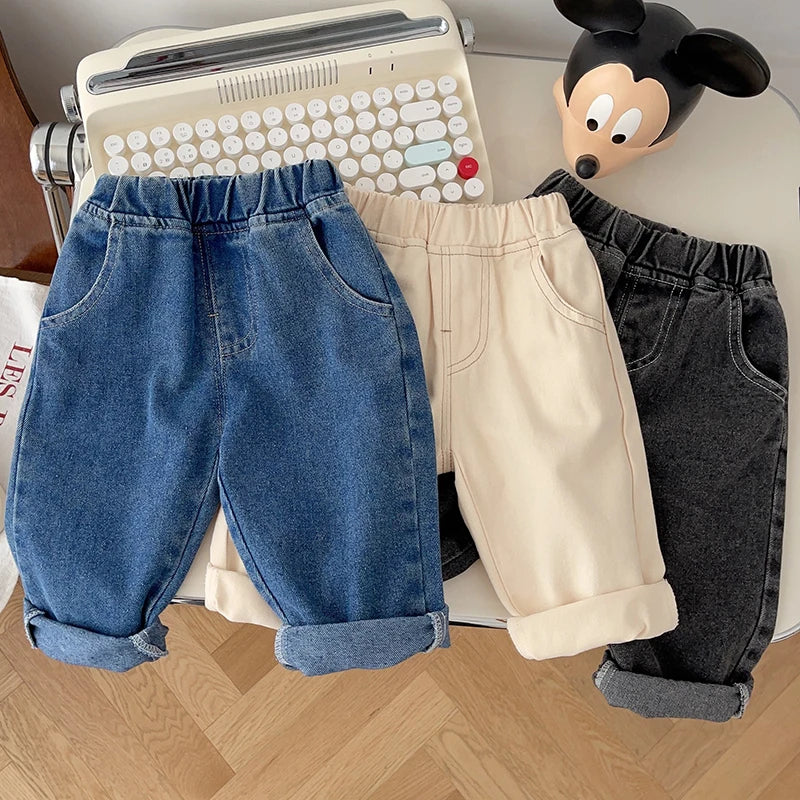 Korean Style Solid Color Cowboy Casual Fashion Pants Kids Elastic Waist Trousers Spring Autumn Baby Girls Boys Jeans