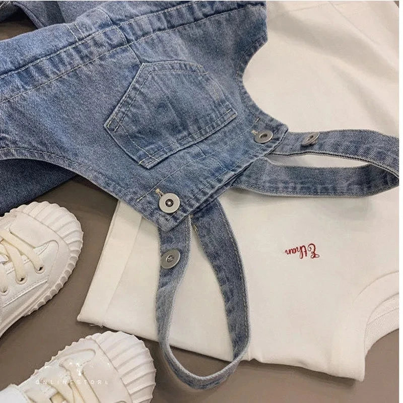 Fashionable Children's Overalls Spring Autumn Baby Jeans Big Pocket Denim Overalls Casual Loose Boys Girls Denim Trousers