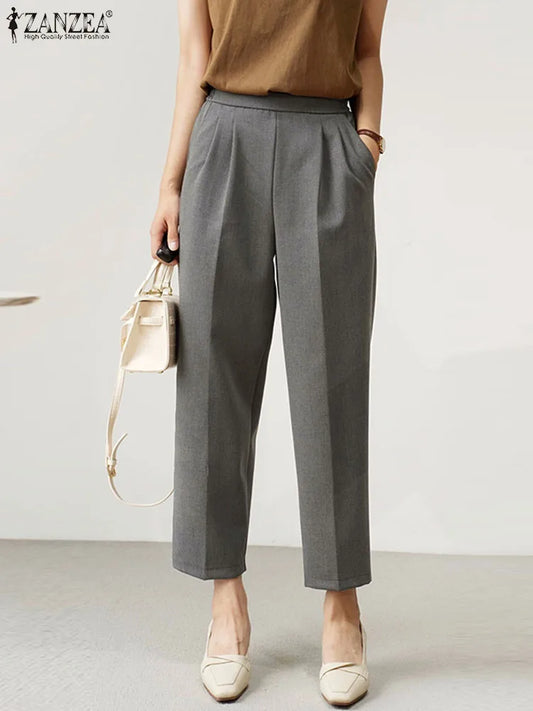 ZANZEA 2024 Summer Formal Cropped Pants Holiday Elastic Waist Trouser Office Lady Capris Women Korean Fashion Pleated Solid Pant