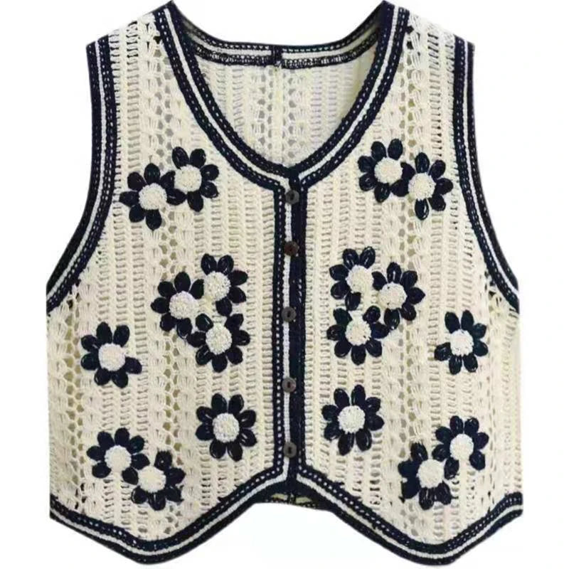 Boho Women Crochet Knit Vest Waistcoat Vintage Colorful Floral Pattern Sleeveless Cardigan Jacket Hippie V-Neck Crop Top