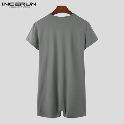 INCERUN 2024 Men Pajamas Rompers Solid Short Sleeve V Neck Zipper Cozy Sleepwear Playsuits Fitness Leisure Men Jumpsuit Homewear