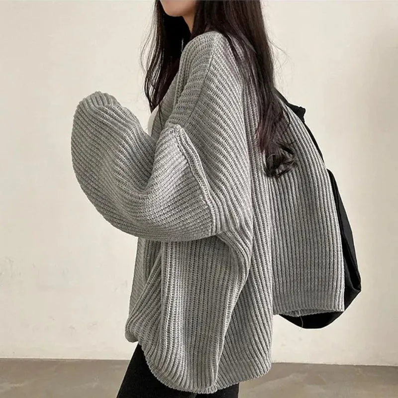 Zoki Harajuku Oversize Cardigan Sweater Women Casual Loose Lazy Wind Korean Tops Vintage Long Sleeve Lady Simple Design Cardigan