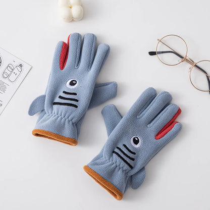 Kids Boy Gloves Winter 5-12 Years Coral Fleece Cartoon Shark Gloves Outdoor Keep Warm Thicken  Cycling Children Girl Gloves