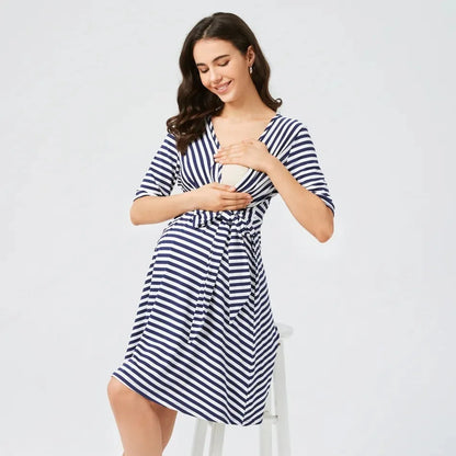 Women's Striped Maternity Shirt Dress, High-waisted Maternity Dress, V-neck, Stylish, Suitable for Breastfeeding, Summer