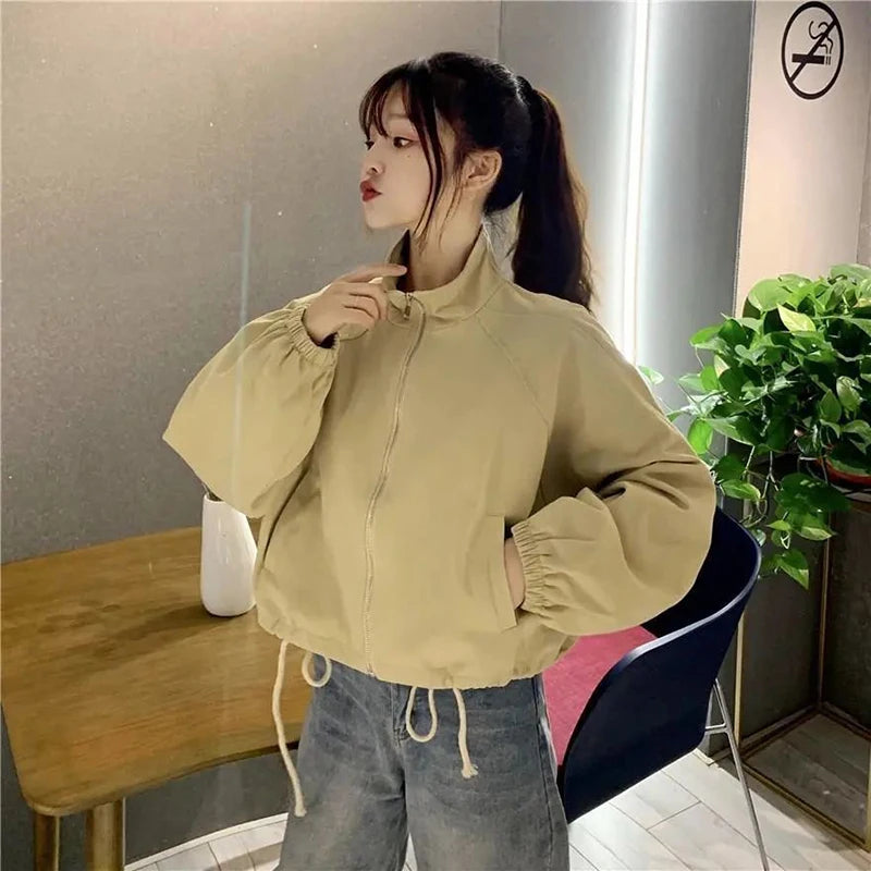 Vintage Baseball Jacket Women Korean Zipper Soild Drawstring Sexy Cropped Tops Harajuku Y2K Pocket Loose Casual Female Outwear