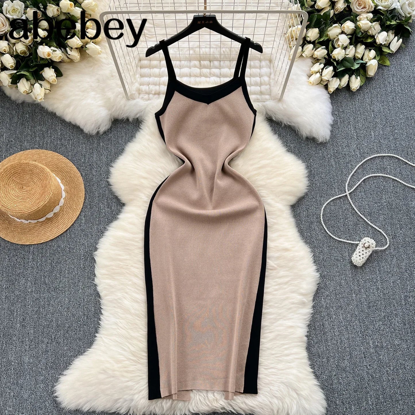 2024 Sexy Contrast Color Knitted Women Dress Summer Strap Elastic Sleeveless Bodycon Dress Europe Style Ladies Maxi Long Dress