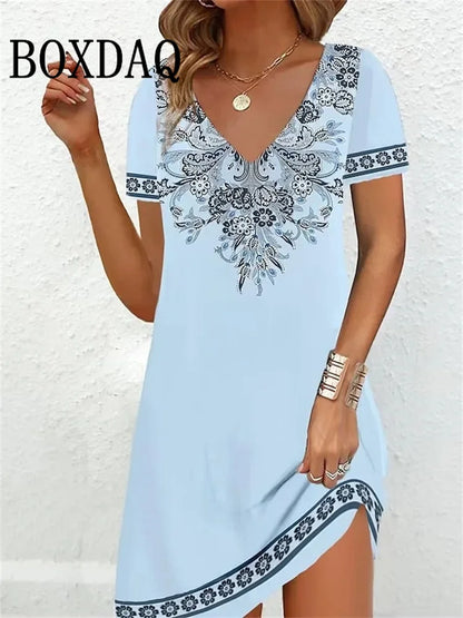 2023 Fashion Plus-Size Dress Casual Loose V-Neck Ladies Summer Print Party Women's New Summer Pullover Short Sleeve Dress