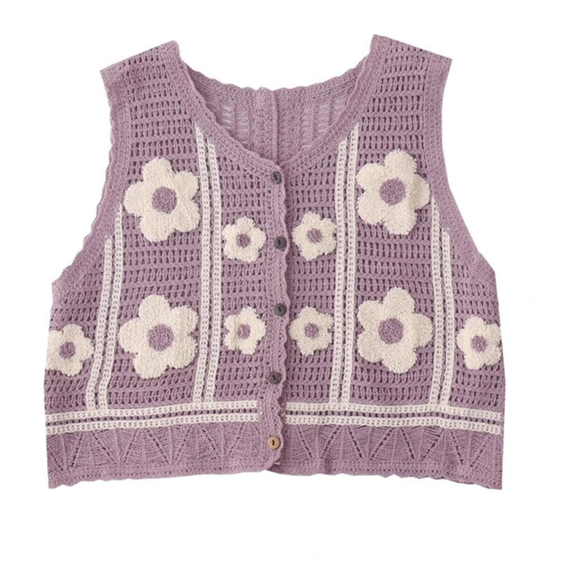 Boho Women Crochet Knit Vest Waistcoat Vintage Colorful Floral Pattern Sleeveless Cardigan Jacket Hippie V-Neck Crop Top