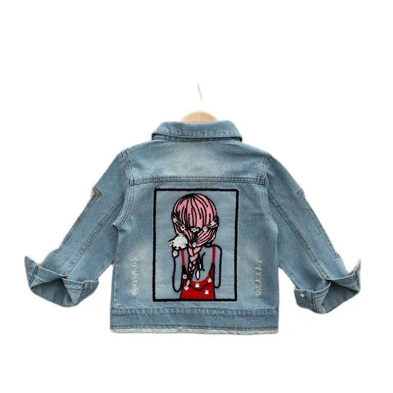 2023New Spring Autumn Kids Jacket Girls' sequined ripped beauty figure denim jacket Coats Girls Demin Outerwear Costume1-12Y