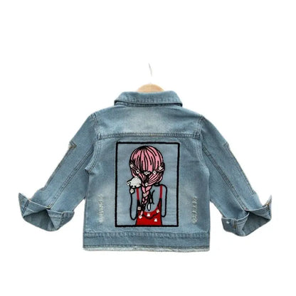 2023New Spring Autumn Kids Jacket Girls' sequined ripped beauty figure denim jacket Coats Girls Demin Outerwear Costume1-12Y