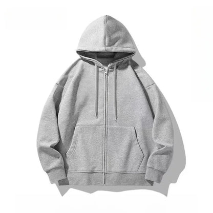 Autumn Fleece Hoodie Solid Color Hooded Korean Fashion Sweatshirts Long Sleeve Top Drawstring Pockets Loose Zipper Black Hoodies