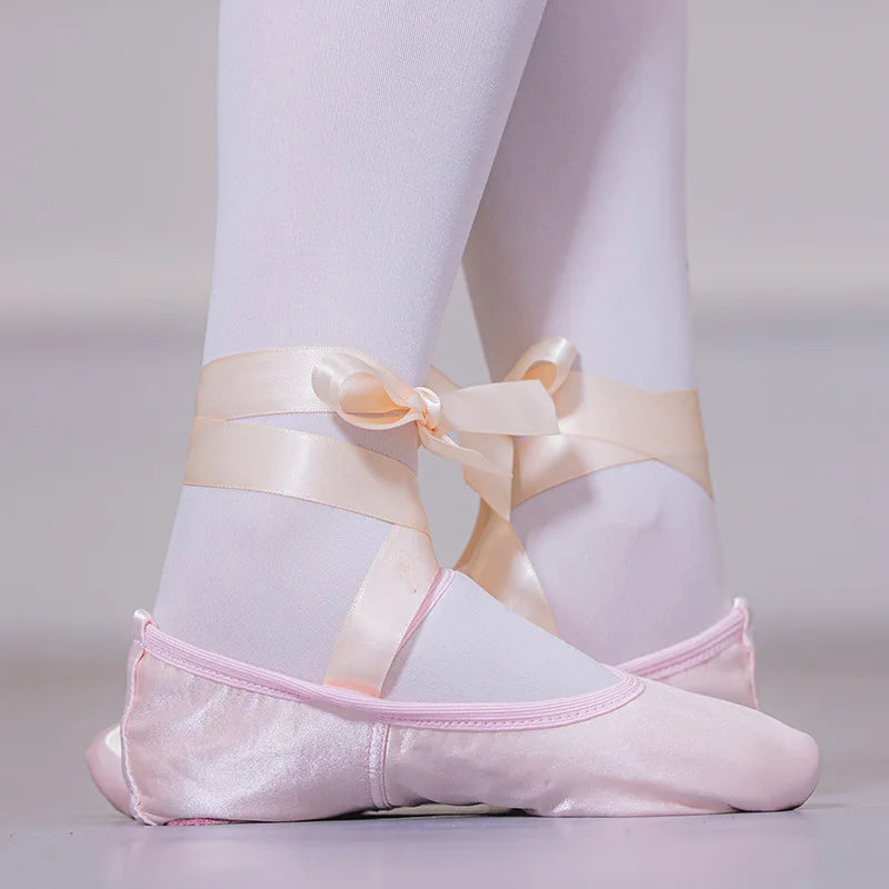 Women Breathable Ballet Shoe Ribbon Splits Shoes Satin Pointe Dance Fashion Bandage Slippers Size 23-42