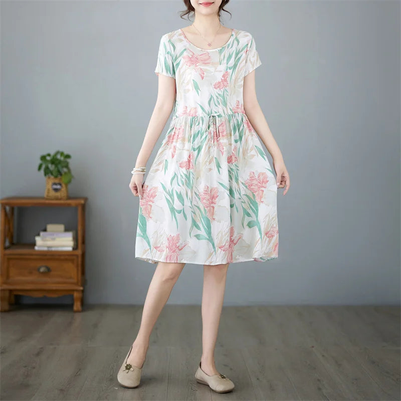 THHONE Summer Dress for Women Floral Casual Print Loose Vintage Draw String Robe Elegant Mini New in Dresses Vestido Feminino