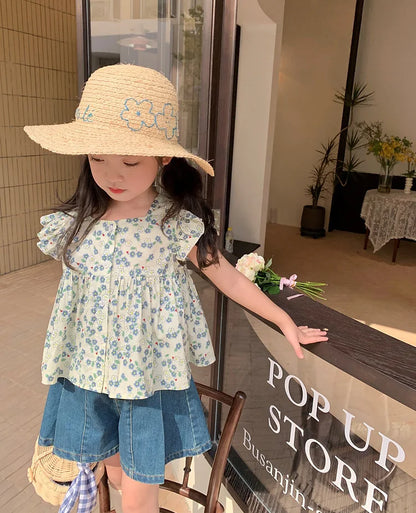 Girls' Denim Shorts New Summer 2024 Children'S Clothing  Girls' Korean Version Loose Hot Pants Pleated Simulation Skirt Shorts