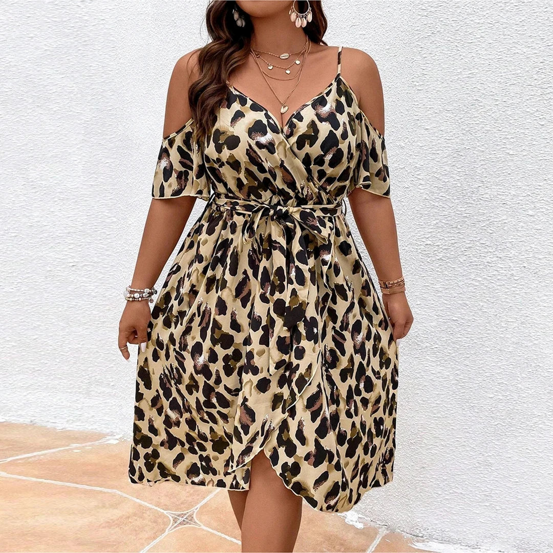 Plus Size Leopard Print Cold Shoulder Dress Casual Short Sleeve Slit Belted Dress For Spring & Summer Women's Plus Size Clothing