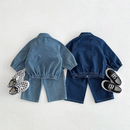 2024 Spring Autumn Kids Lapel Denim Coat Retro Girl Baby Jeans Boy Children Cardigan Long Sleeve Coat Loose Toodler Casual Pants