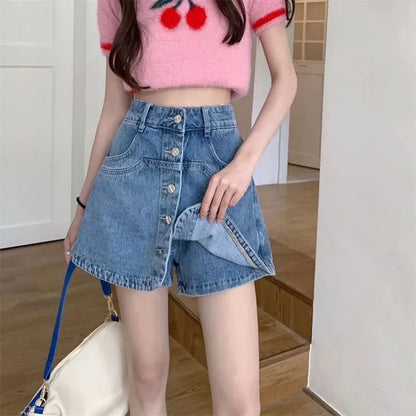 2023 Summer Women\'s Skirt with Shorts Korean Style Single-Breasted Design Blue Denim Skirt Woman Vintage High Waist Mini Skirts