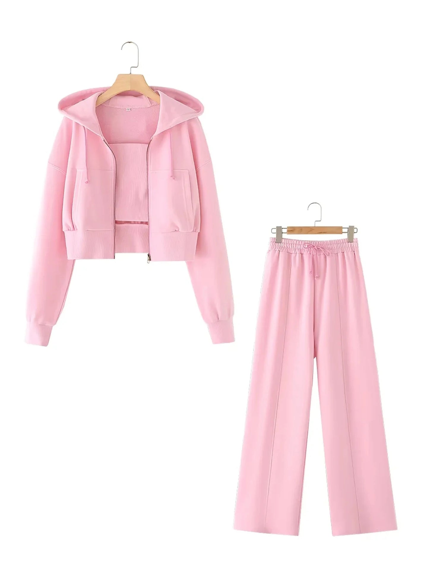 XNWMNZ New Women Solid Hoodie Pant Set Long Sleeve Hooded Coat Jacket + Tube Top + Elastic Waist Trousers Casual Sport Suits