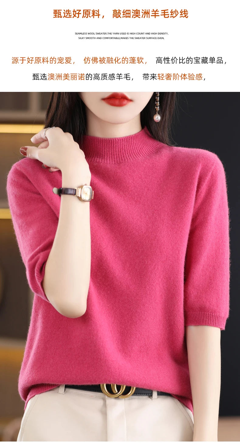 Fashion Half Short Sleeve 100% Merino Wool Sweater Basic Mock-Neck  Cashmere Women Knitted Top  Pullover Clothing Tops