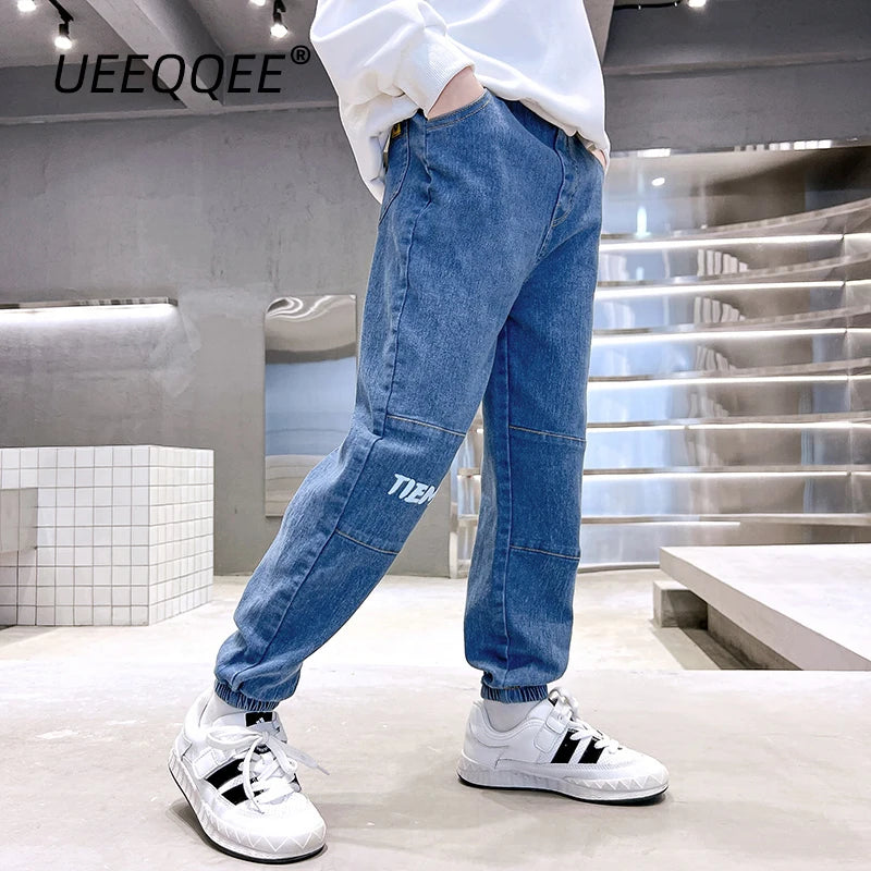 Spring Autumn Children Jeans 4-14Y Boys Cotton Print Splice Stretch Denim Pants Korean Teenage Trousers Wear Kids Clothing New