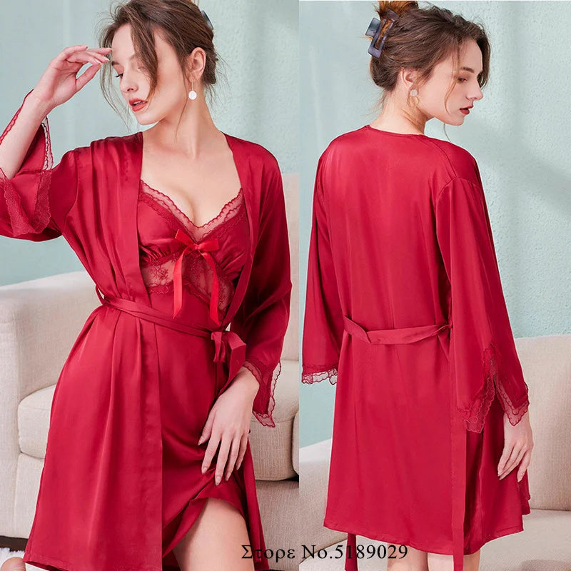 Pin Bow Nightgown Sexy Intimate Lingerie Female Kimono Bathrobe Gown Rayon Sleepwear Lace Trim Nightwear Sleepshirt Loungewear