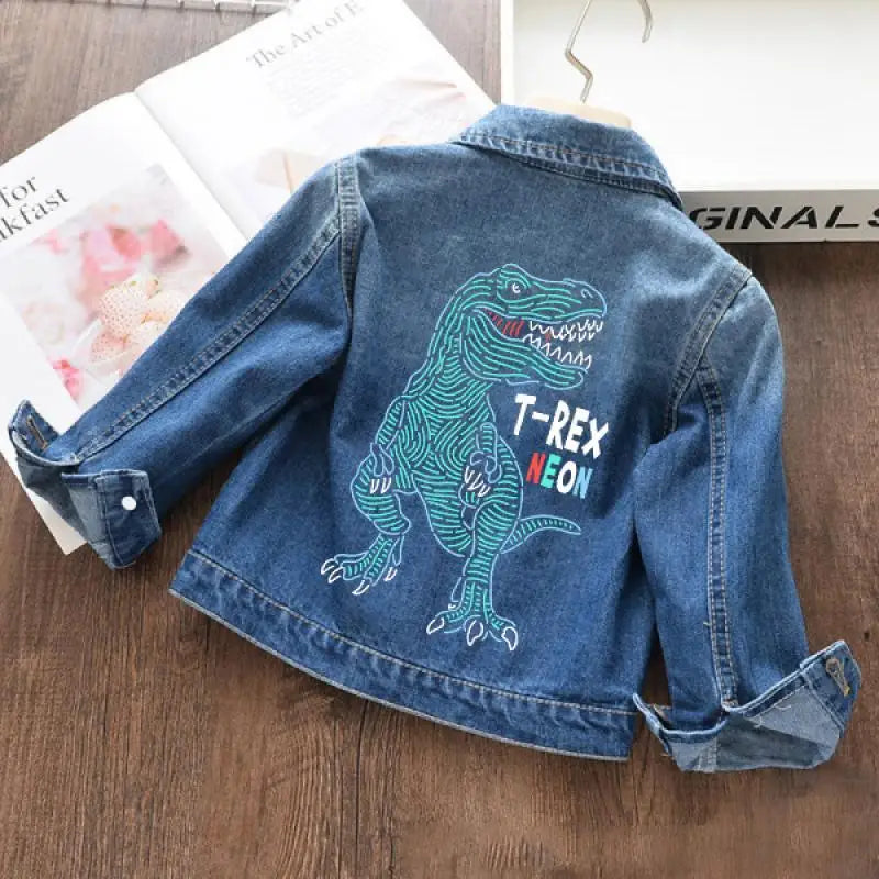 Autumn and winter Boys and Girls New Unicorn Excavator Cartoon Cute Print Polo Collar Long Sleeved Denim Coat for 2-10 Years