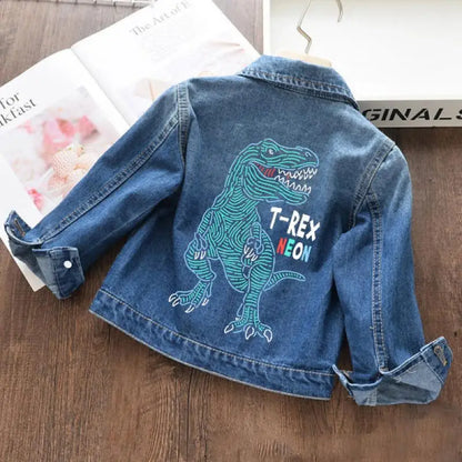 Autumn and winter Boys and Girls New Unicorn Excavator Cartoon Cute Print Polo Collar Long Sleeved Denim Coat for 2-10 Years