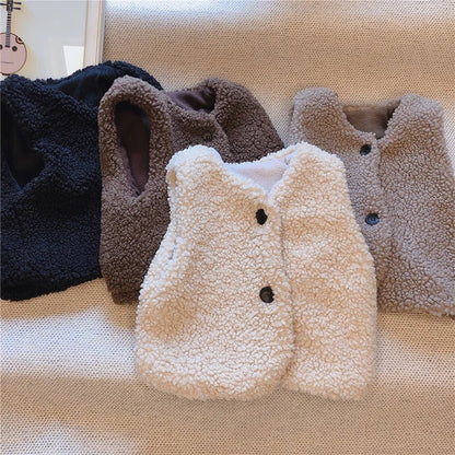 Autumn Winter Children Lamb Wool Plus Velvet Warm Thicked Waistcoat Baby Girls Boys Plush Vest Single V Neck Child Fashion Coat