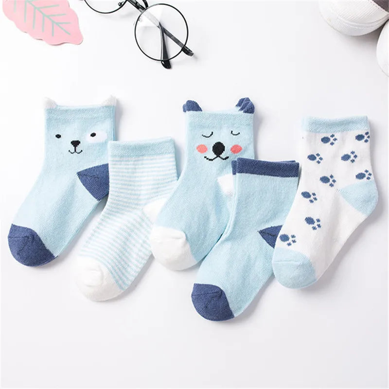 5 Pair/Lot Kids Cute Soft Cartoon Cotton Socks Boy Girl Baby Warm Stripe Dots Fashion Sport Socks Autumn Winter Children Gift