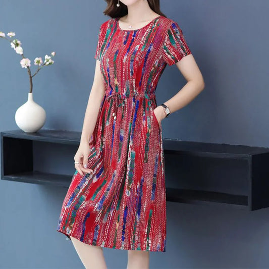 Summer New Cotton Silk Round Neck Lacing Decoration Short Sleeve Multi-element Print Loose Pockets Knee Length Dress for Women