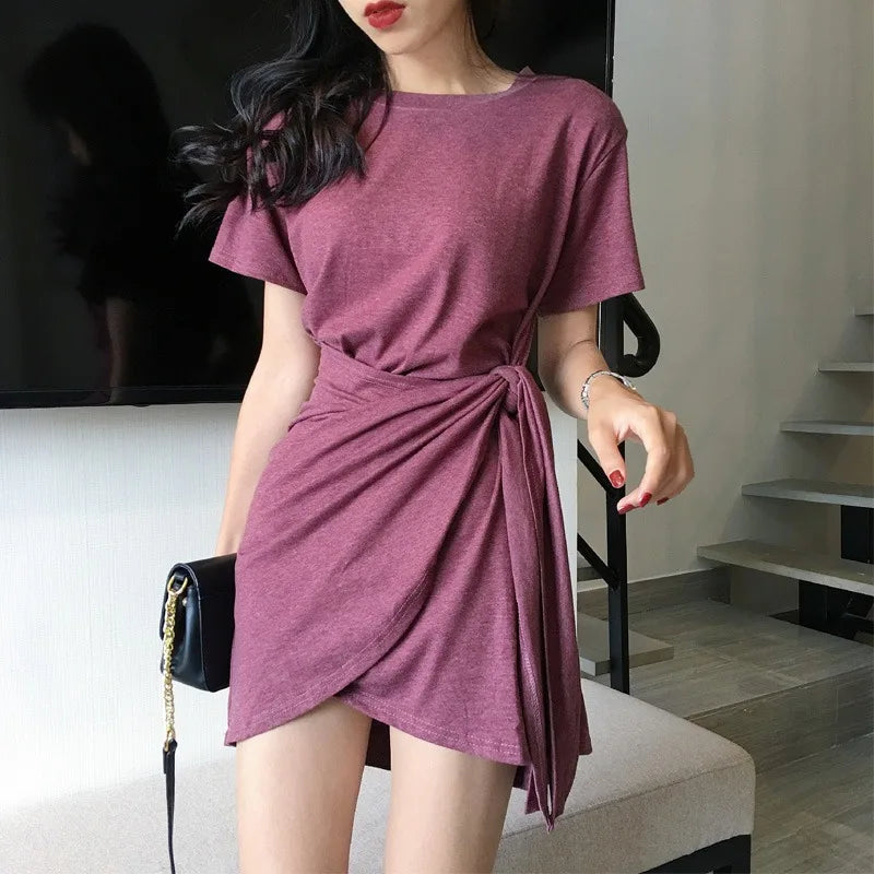 Summer Women Solid Color Dress Short Sleeve Mini Causal Dresses O-Neck Basic Bodycon Dresses