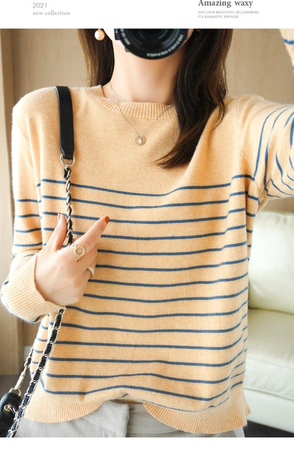 100% Cotton Knitted Sweater Women's Sweater Striped Color Matching Round Neck Large Size Loose Temperament Long Sleeve Bottoming