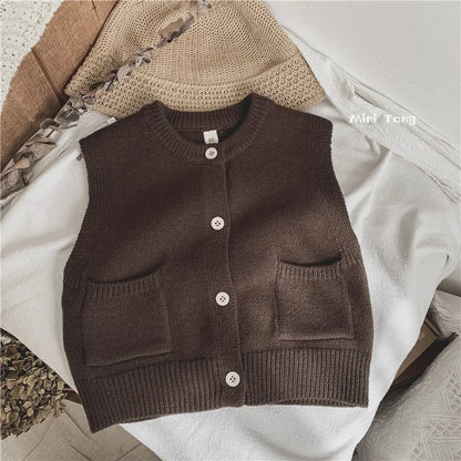 Simple Solid Vest Boys Casual Solid Sleeveless Jacket Children Knitwear Shirt Girls Cotton O-neck Cardigan Baby Spring Clothes