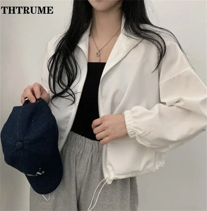 Autumn Winter Chic Jacket Fashion Women Protection Windproof Vintage High Street Coats Casual Baseball Drawstring Outwear Coat