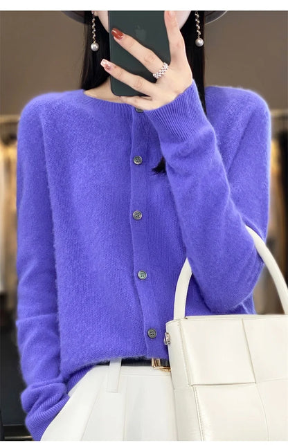 2024Spring and Autumn  New 100% pure merino cashmere sweater women's O-neck cardigan loose long-sleeved sweater top