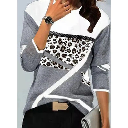 Women Chic T-Shirt Fashion Color Contrast Geometry Print Tops Female Autumn Winter O Neck Long Sleeve Loose Large Size Tees 5XL