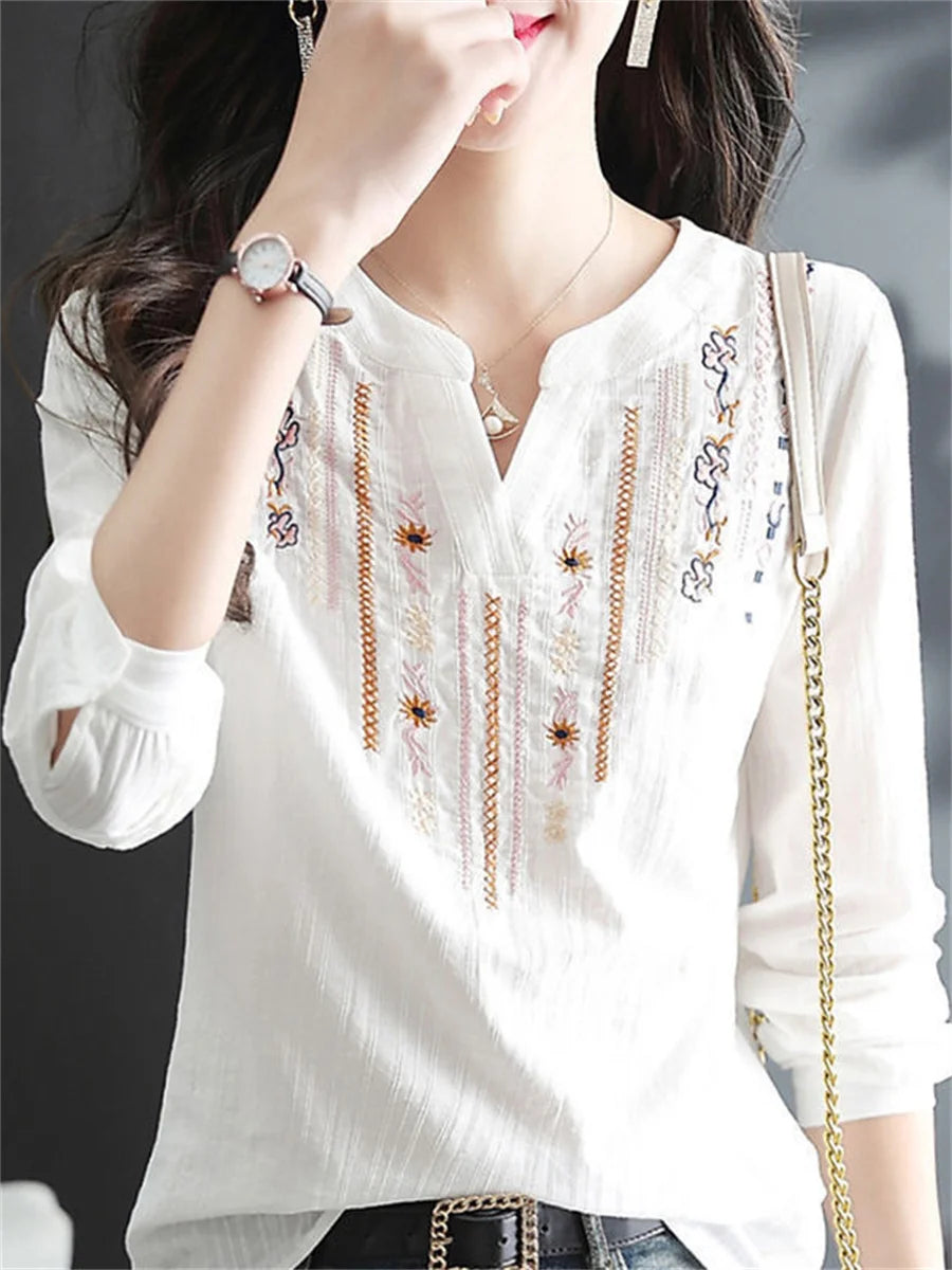 Women Spring Autumn White Blouses Tops Lady Casual Embroidery V-Neck Long Sleeve Vintage Loose Blusas Top DF4272