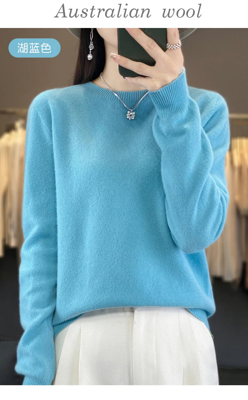 Women 100% Pure Merino Wool Knitted Sweater Autumn Winter Fashion O-Neck Pullover Seamless Jumper Tops Cashmere Warm Clothes